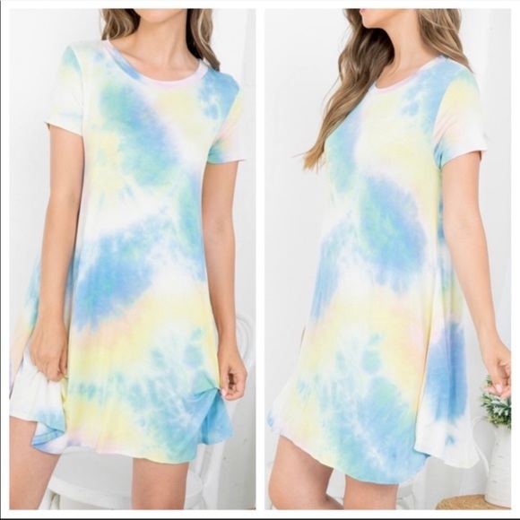 BOHO Pink Blue Tie Dye Riund Neckline Shirt Dress - Picture 4 of 4